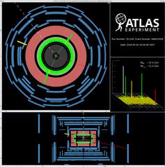 Event display im ATLAS-Detektor in der Draufsicht und im Querschnitt